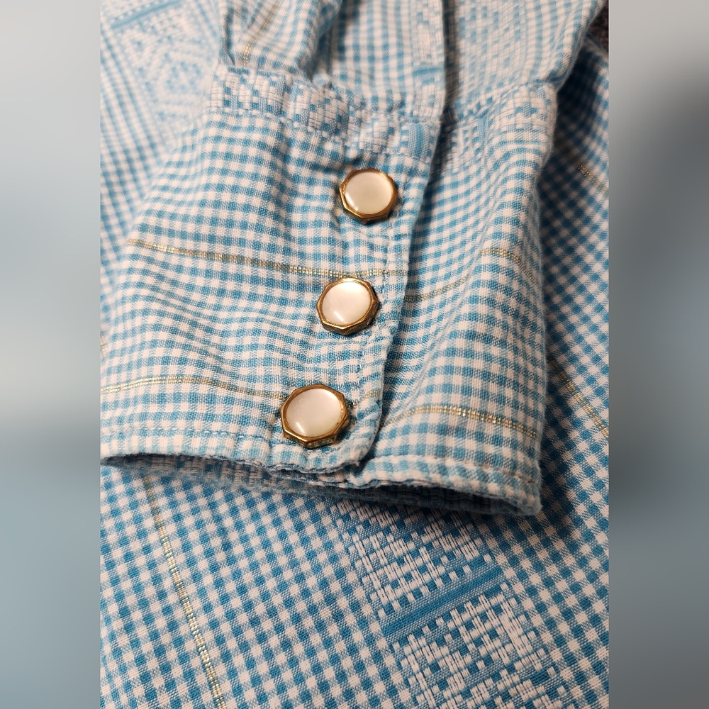 Vintage H Bar C 50s Men's Cotton Gingham Check Pearl Snap Long Sleeve 15.5 - 33 - Picture 5 of 10